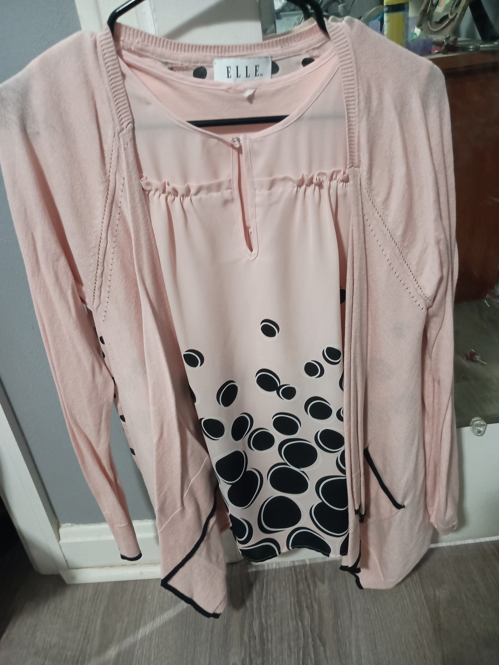 ELLE Pink Polka Dot Layered Blouse and Cardigan Set